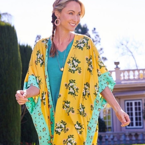 Matilda Jane What a Catch Kimono Yellow Blue Floral Women's Size Medium / Large - Picture 1 of 6